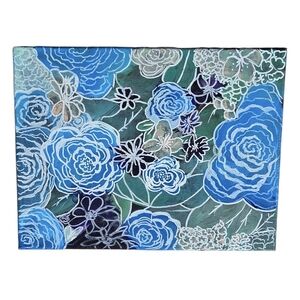 Hand Painted Blue Floral On Canvas
